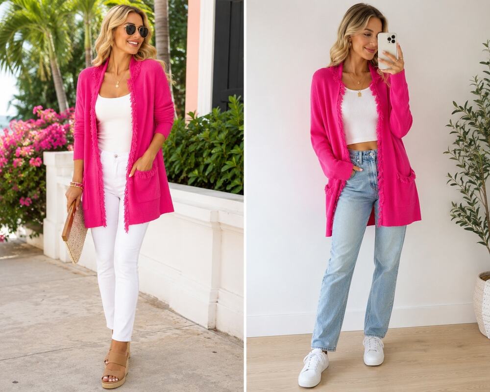 Lilly Pulitzer Pink Fringe Cashmere Blend Long Open Cardigan M